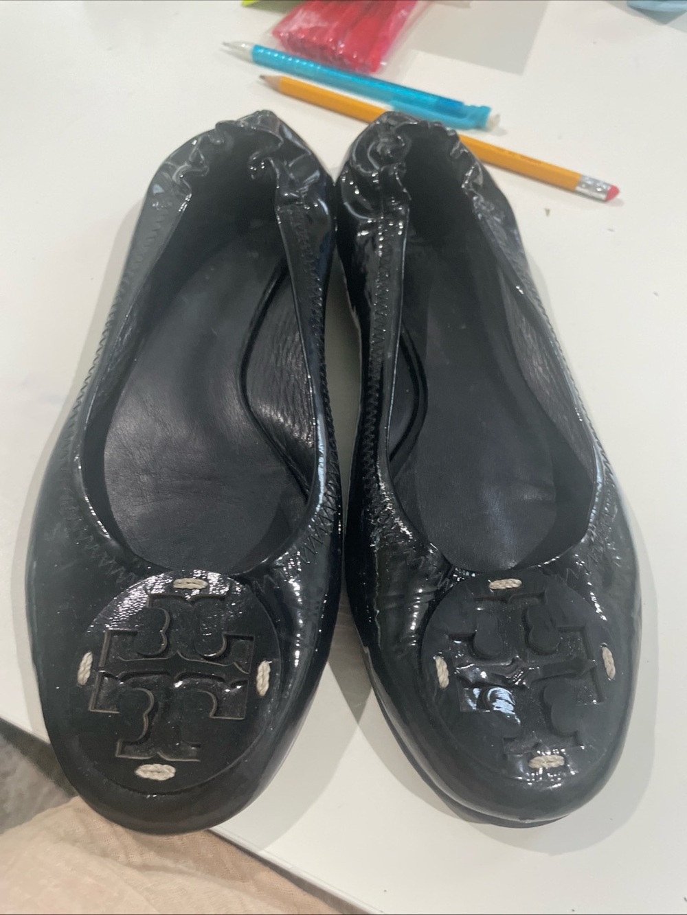 Tory Burch Women’s Black Leather Ballet Flats Slip-On Round Toe Logo Sz 8